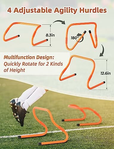 4 adjustable agility hurdles with multifunction design for two height options: 8.3 inches and 12.6 inches.