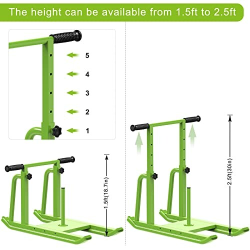 Green adjustable exercise stand with height options from 1.5ft to 2.5ft.