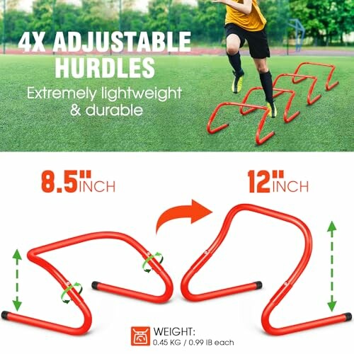 4x adjustable hurdles for training, shown in use and with size details.