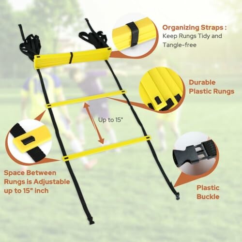 Agility ladder with adjustable rungs and organizing straps.