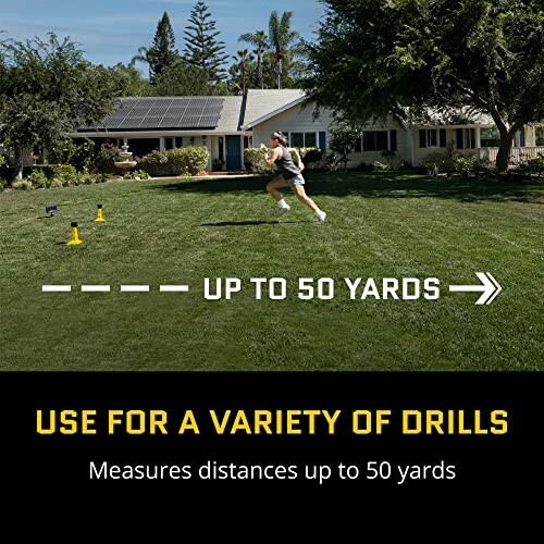 Athlete running on grass with distance markers and text indicating up to 50 yards.