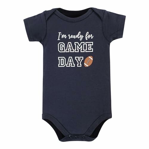 Navy blue baby onesie with 'I'm ready for game day' text and football graphic.