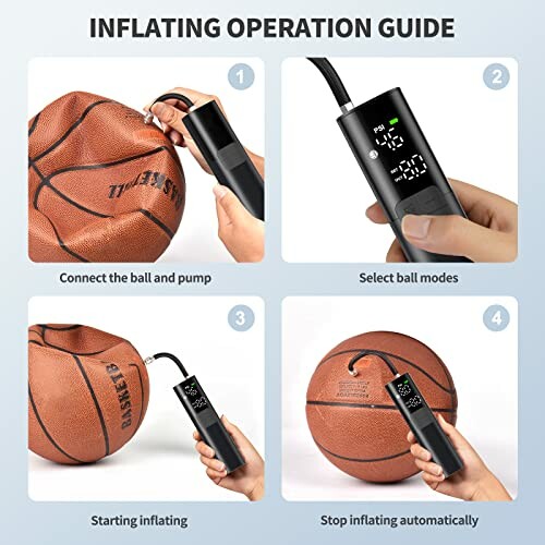 Step-by-step guide to inflating a basketball with a digital pump.