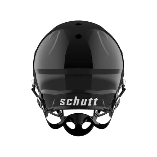 Front view of a black football helmet with a visor.