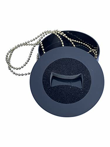 Black round lid with a chain attached.