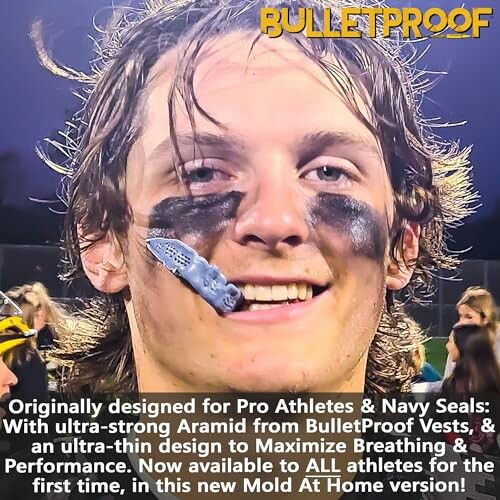 Athlete with face paint and mouthguard, Bulletproof branding.