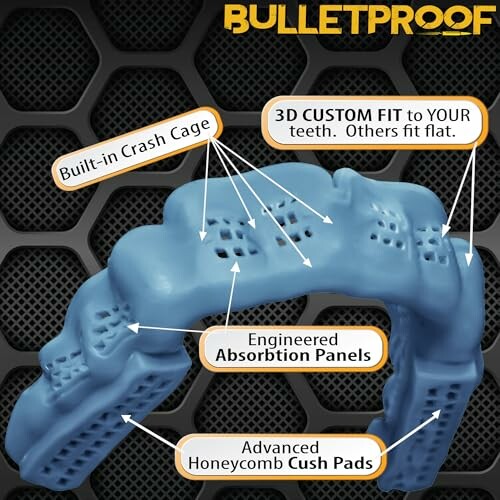 Blue mouthguard with features highlighted: built-in crash cage, 3D custom fit, engineered absorption panels, advanced honeycomb cush pads.