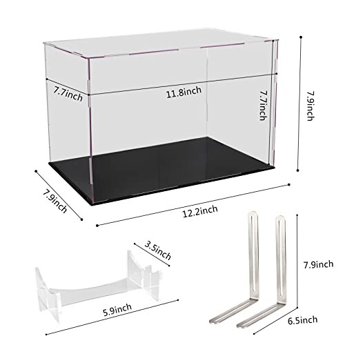 Clear display case with dimension labels and stand accessories.