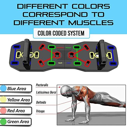 Push-up board with color-coded areas for different muscles.