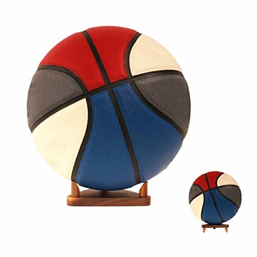 Multicolored basketball on a wooden stand.