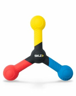 Colorful three-pronged reflex training tool with red, yellow, and blue arms.