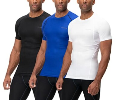 Three men wearing compression shirts in black, blue, and white.