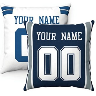 Custom football-themed pillows with 'Your Name' and '00'.