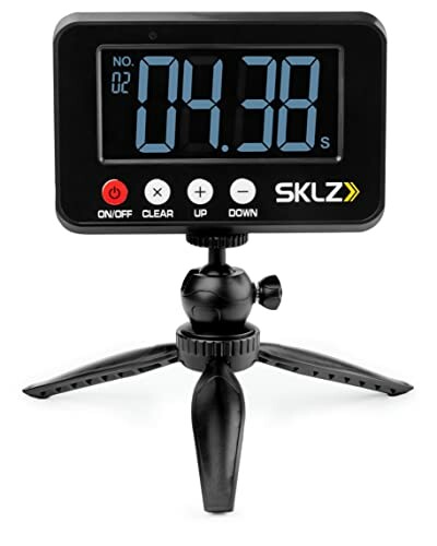 Digital timer on a tripod stand with buttons for control.