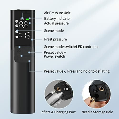 Digital tire inflator with display and control buttons.