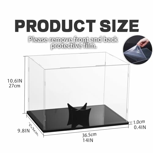 Acrylic display case with dimensions and protective film removal.