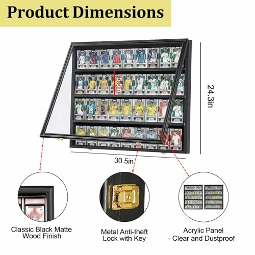 Display case with action figures and product dimensions.