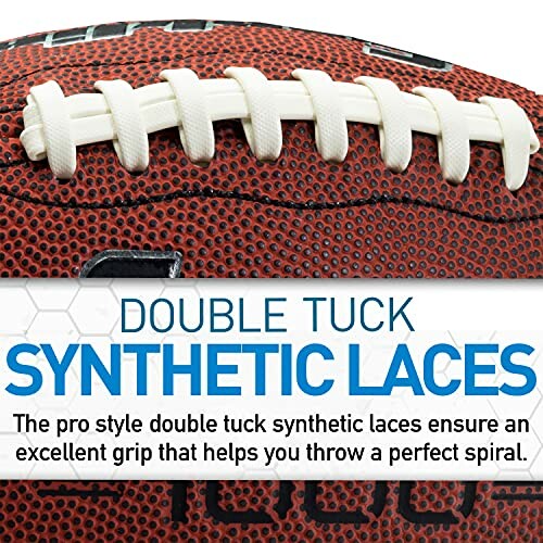 Close-up of a football highlighting double tuck synthetic laces.