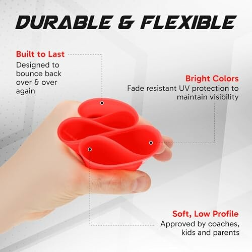 Hand holding a red flexible sports cone with text describing its durability and bright colors.