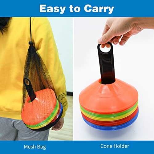 Person carrying sports cones in a mesh bag and hand holding stacked cones.