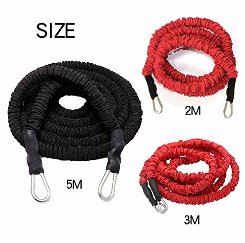 Three elastic bungee cords in different colors and sizes: black 5M, red 3M, and red 2M.