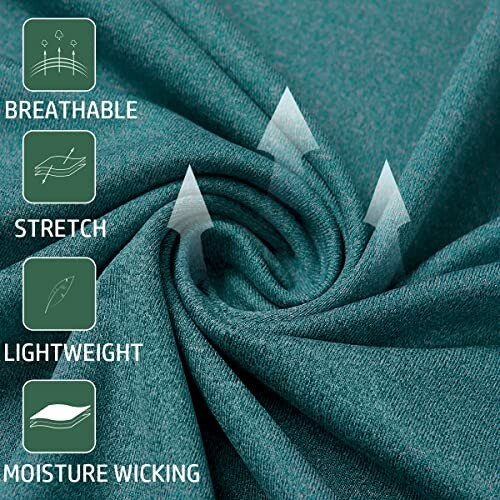 Close-up of green fabric highlighting features: breathable, stretch, lightweight, moisture wicking.