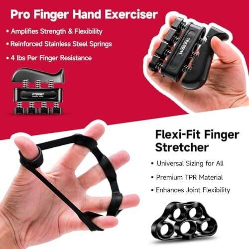 Pro Finger Hand Exerciser and Flexi-Fit Finger Stretcher with features listed.