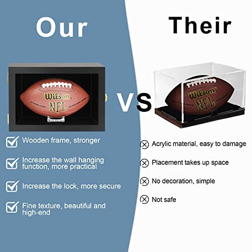 Comparison of two football display cases, highlighting wooden frame benefits over acrylic.