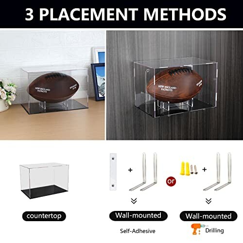 Football display case showing three placement methods: countertop, wall-mounted with self-adhesive, and wall-mounted with drilling.