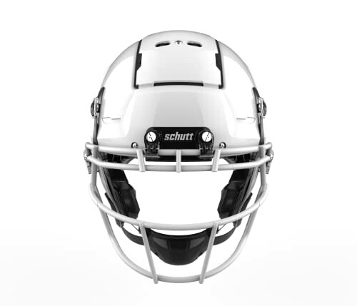 Front view of a white football helmet.