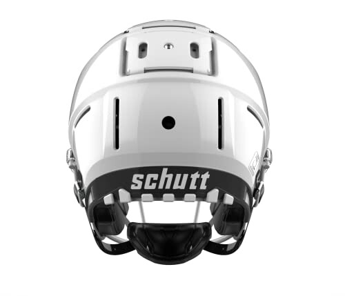 Rear view of a white football helmet with brand logo.