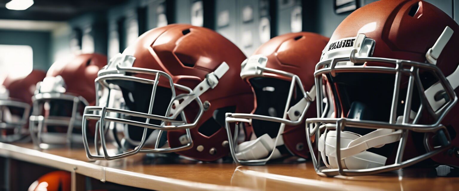 Football helmets on rack