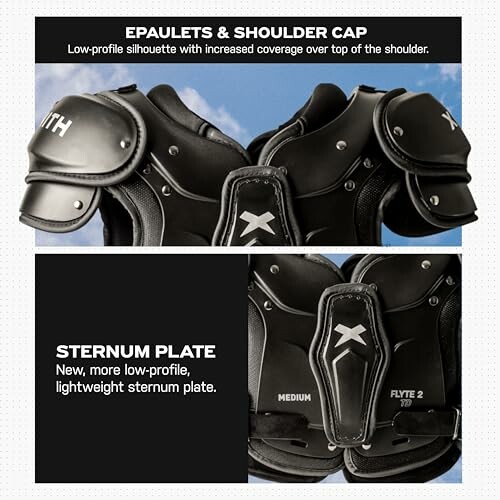 Football shoulder pads with epaulets, shoulder cap, and sternum plate.