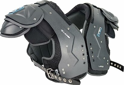 Gray football shoulder pads with black straps and padding.