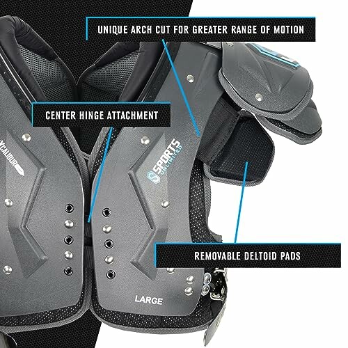 Football shoulder pads with unique arch cut, center hinge attachment, and removable deltoid pads.
