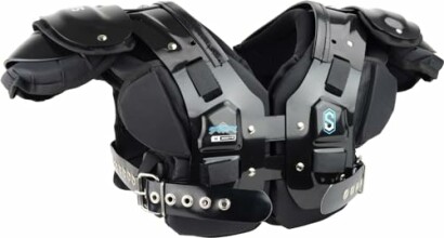 Black football shoulder pads with adjustable straps.
