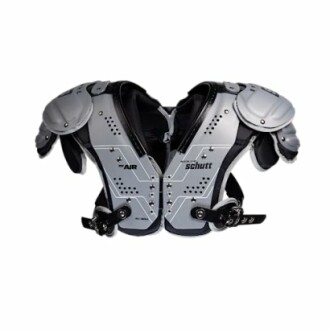 Football shoulder pads with black and silver design.