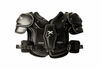 Black football shoulder pads on white background