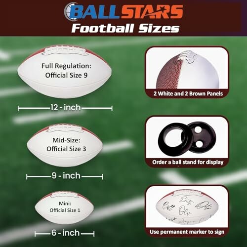 Comparison of full regulation, mid-size, and mini footballs with display stand option.