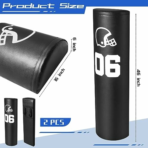 Football tackle dummy set with dimensions and helmet design.