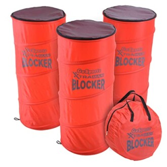 Red GoSports blocker training equipment with three standing blockers and a carrying case.