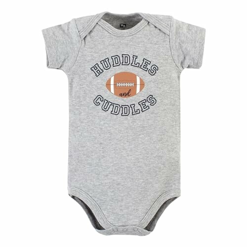 Gray baby onesie with 'Huddles and Cuddles' text and football graphic.