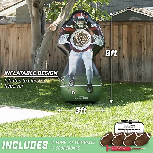 Inflatable football target with lifesize receiver design and included accessories.