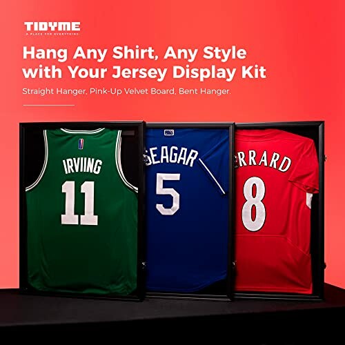 Jersey display kit with three sports jerseys hanging.