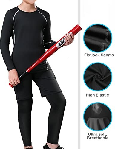 Child in black compression outfit holding a red baseball bat, with close-ups showing flatlock seams, high elasticity, and breathable fabric.