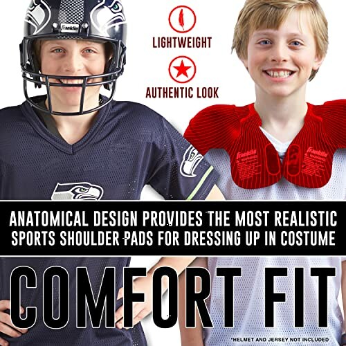 Child in football gear with lightweight, authentic look shoulder pads.