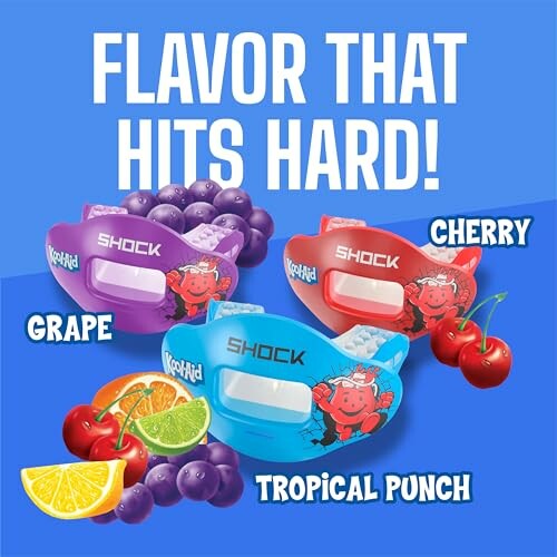 Kool-Aid flavored shock mouthguards in grape, cherry, and tropical punch with fruit images.