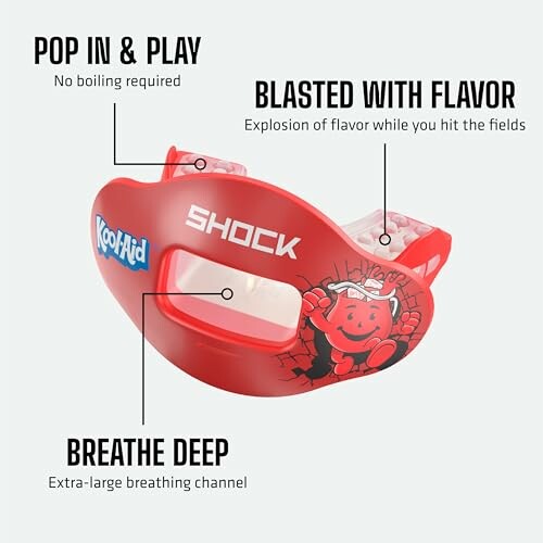 Red Kool-Aid shock mouthguard with features labeled: pop in & play, blasted with flavor, breathe deep.
