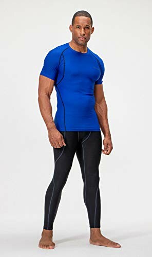 Man wearing blue compression shirt and black leggings.