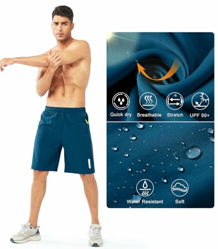 Man wearing stretch shorts with fabric features: quick dry, breathable, stretch, UPF 50+, water resistant, soft.